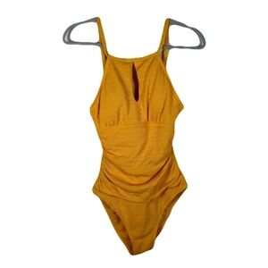 Ellen Tracy Women’s Sz 10 1 piece high neck, ruched waist, high leg swim suit